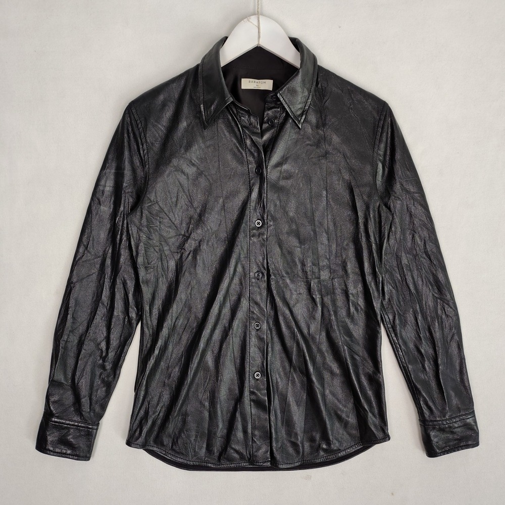 Babaton Vegan Leather Button Down Shirt Black Long Sleeve XS 83870